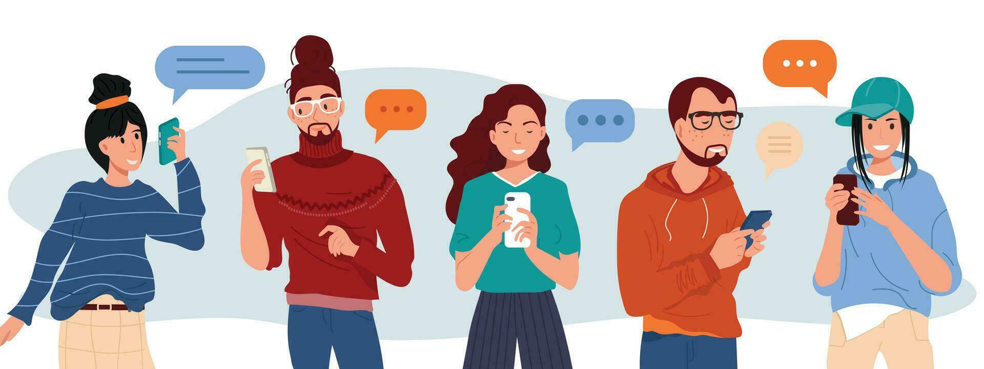 joven de moda personas mirando en teléfonos inteligentes y charlando contento Niños y muchachas hablando y mecanografía en teléfono. hembra y masculino caracteres recopilación. plano dibujos animados vector ilustración.