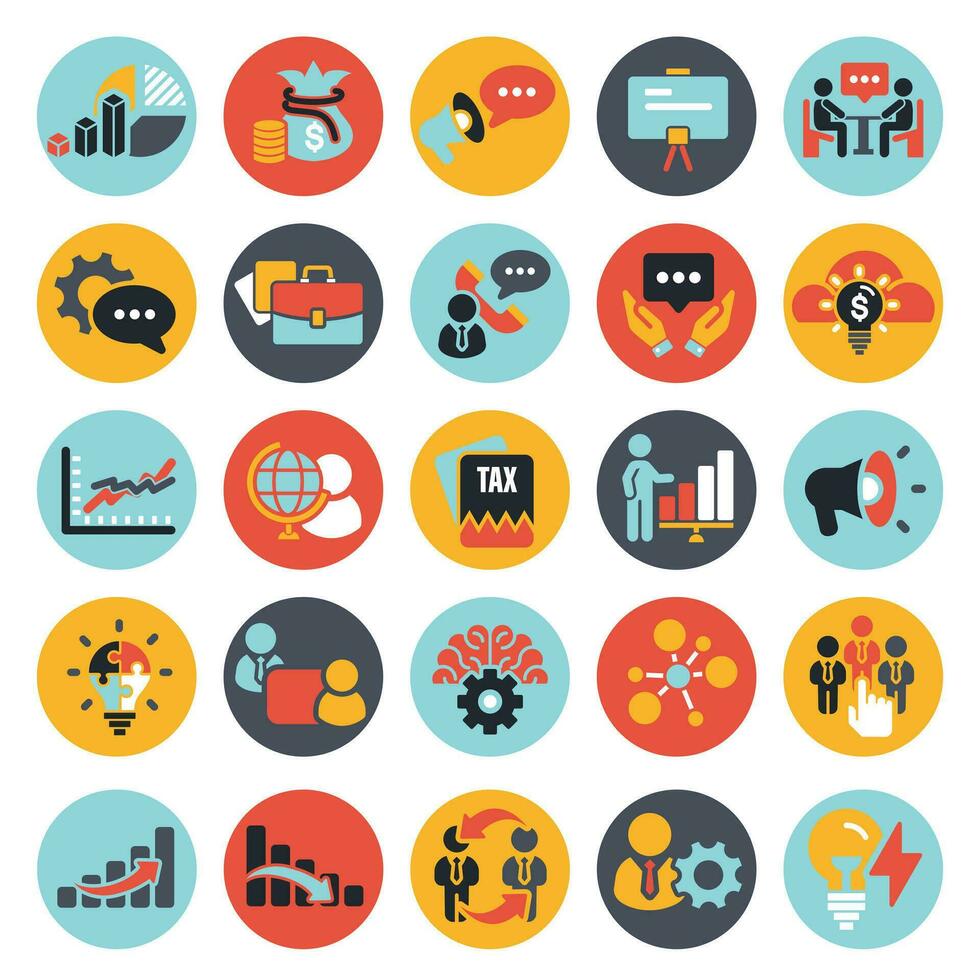 Business and management icon set. Icons for leadership, teamwork, job and work, statistics, analytics and advertising. Flat vector illustration. Blue icon for business collection