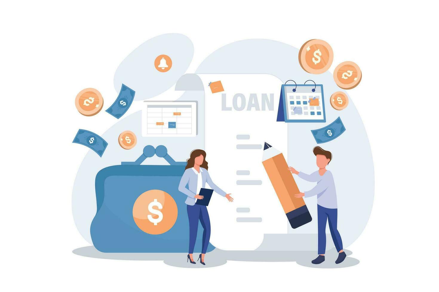Loan agreement signing. Bank credit. Finance management. Mortgage money credit. Loan disbursement, quick loan service, easy credit program concept. flat vector modern illustration