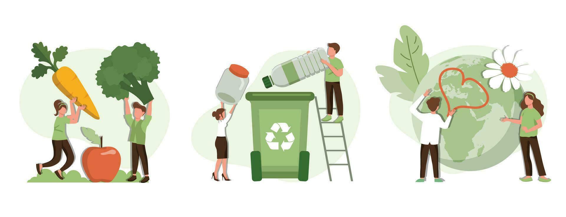 People collecting plastic trash into recycling garbage bin, trying to save planet earth and following vegan diet. Sustainable lifestyle set. Flat cartoon vector illustration and icons set.