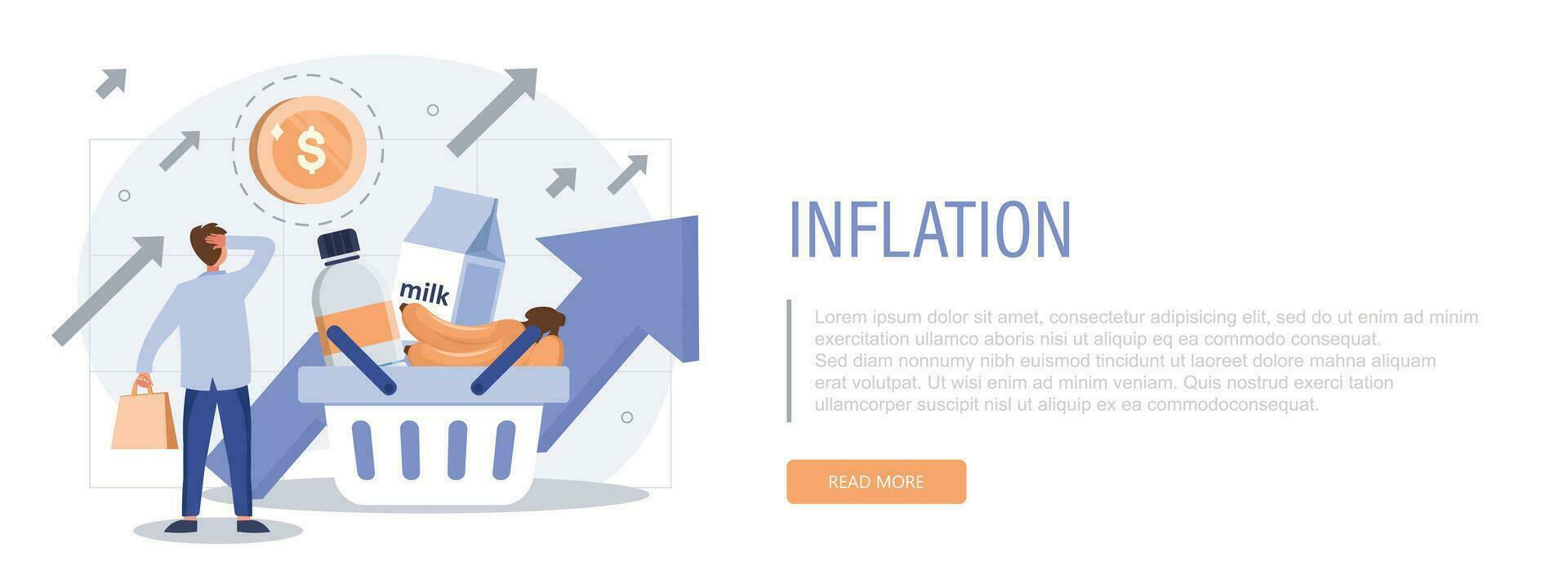 Inflation illustration banner. Characters buying food in supermarket and worries about groceries rising price. Consumer price index growth and financial crisis concept. Vector illustration.