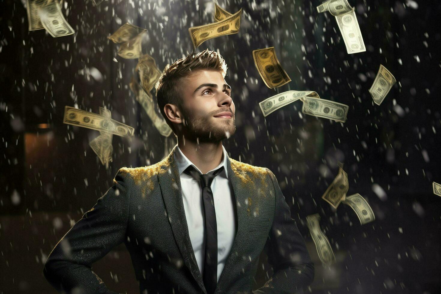 AI generated Man standing under money rain. A lot of money bank notes falling on man Ai generated photo