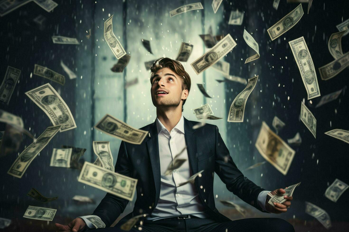AI generated Man standing under money rain. A lot of money bank notes falling on man Ai generated photo