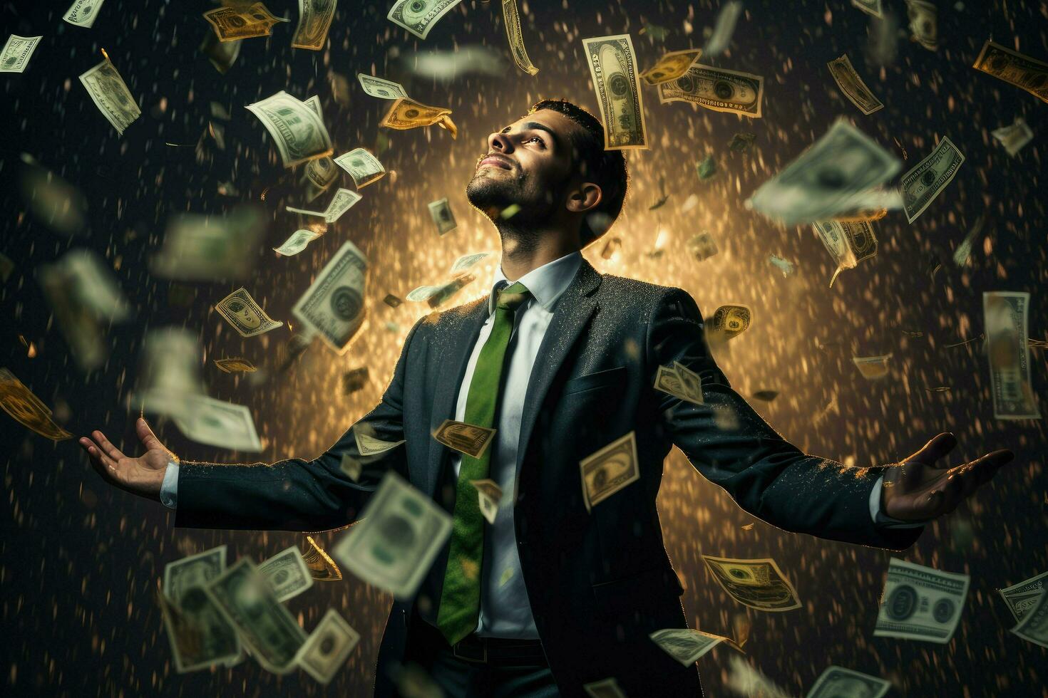 AI generated Man standing under money rain. A lot of money bank notes falling on man Ai generated photo
