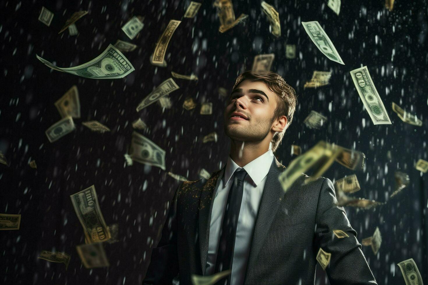 AI generated Man standing under money rain. A lot of money bank notes falling on man Ai generated photo