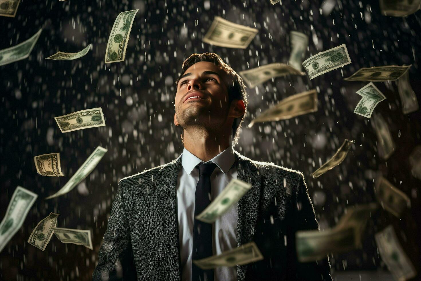 ai generado hombre en pie debajo dinero lluvia. un lote de dinero banco notas que cae en hombre ai generado foto