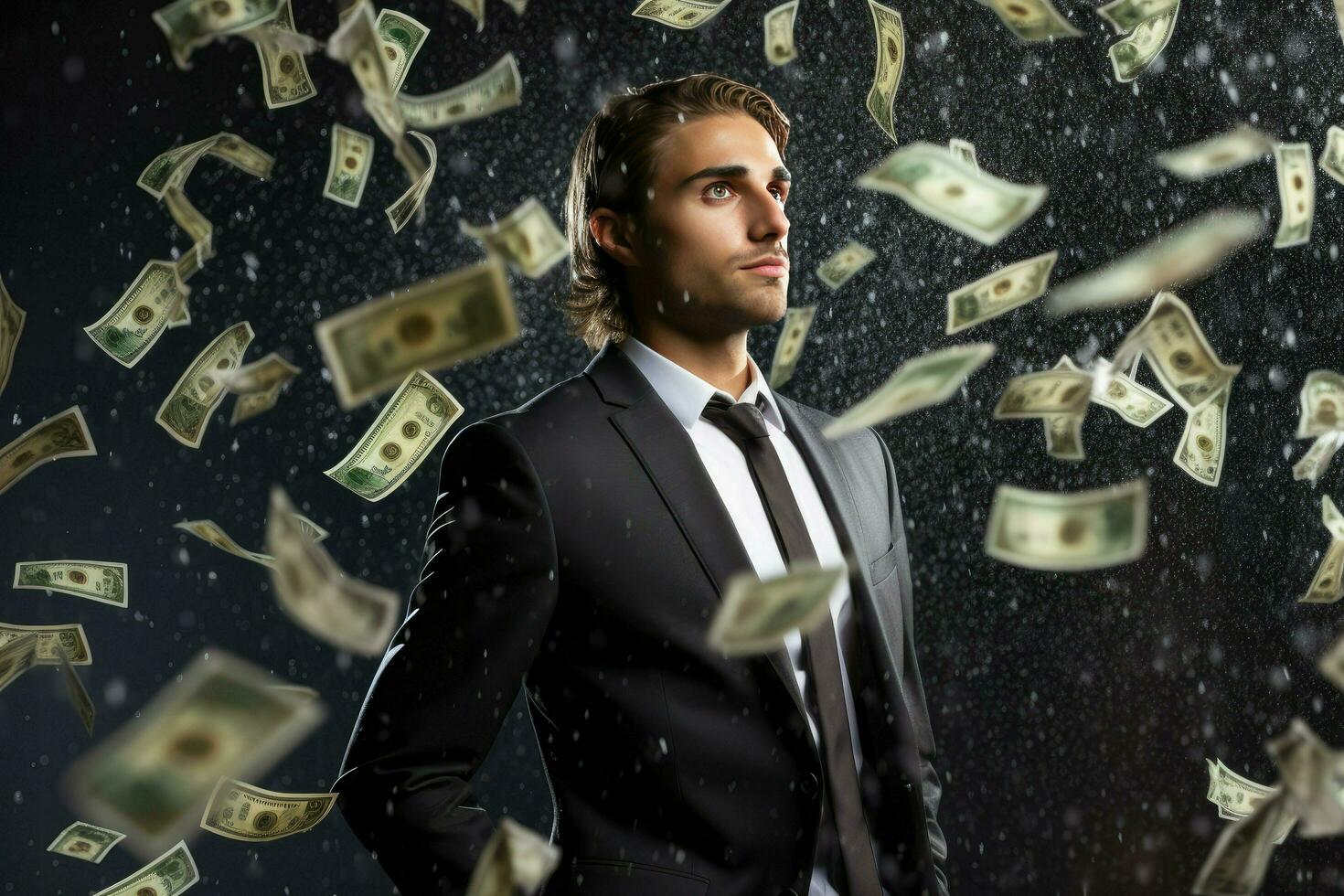 AI generated Man standing under money rain. A lot of money bank notes falling on man Ai generated photo