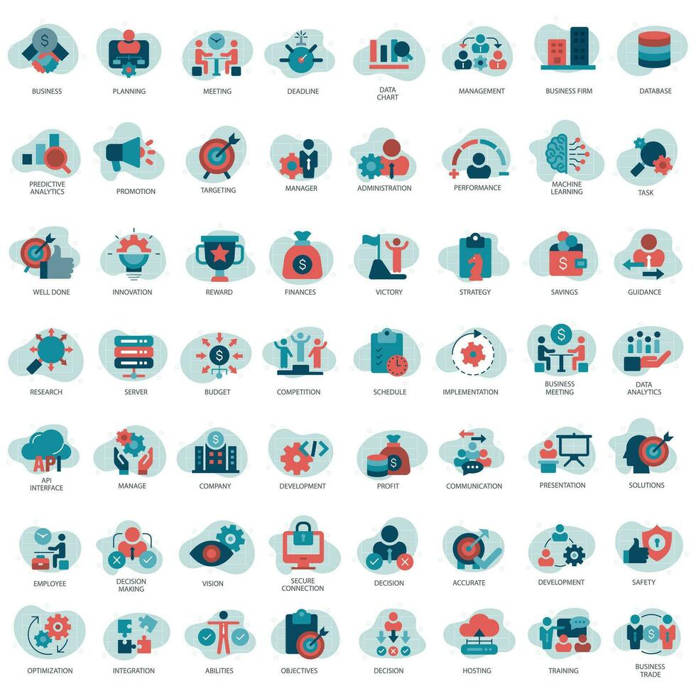 Business, technology and management icon set. 56 icon collection. Flat vector