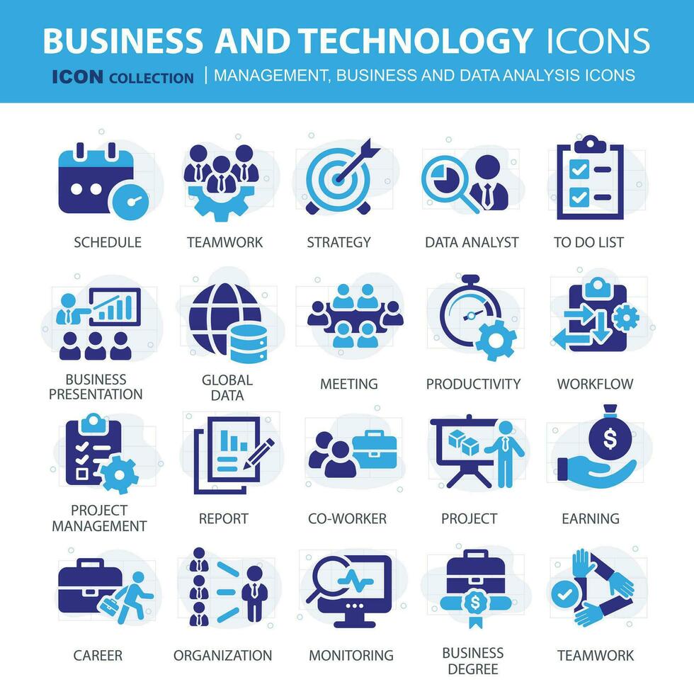 Business, data analysis, organization management and technology icon set. Teamwork, strategy, planning, marketing, cloud technology, data analysis, employee icon set. Icons vector collection