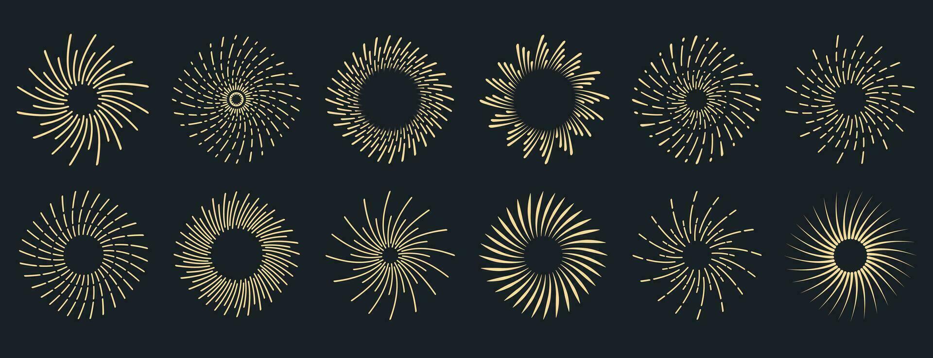 Sunburst collection. Radial sunset beams. Bursting golden sun rays. Fireworks. Logotype or lettering design element. Flat vector illustration.