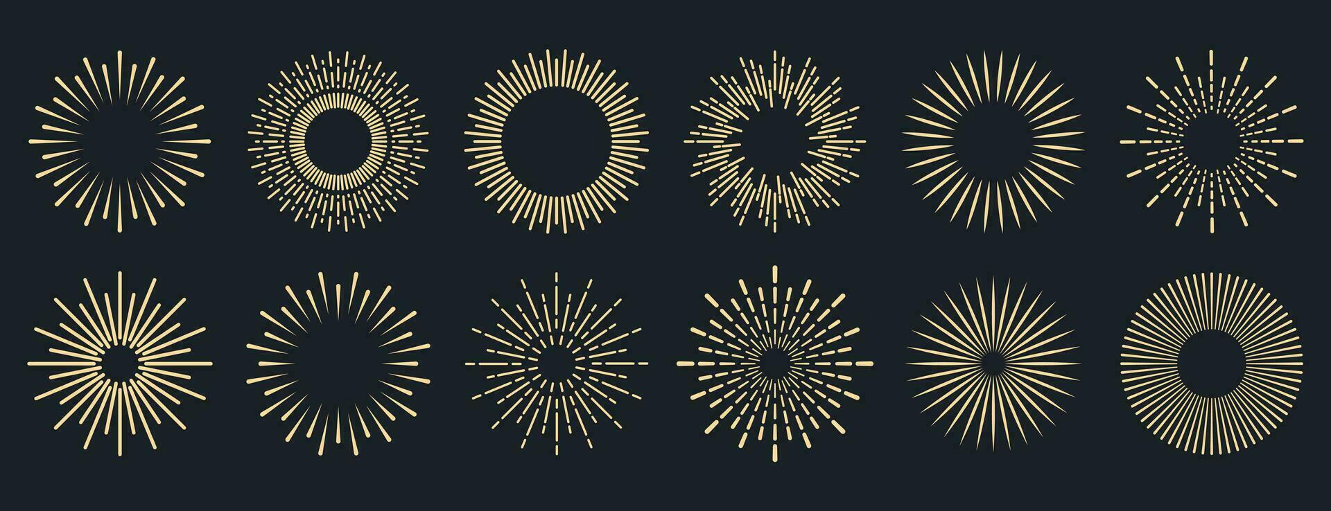 Sunburst collection. Radial sunset beams. Bursting golden sun rays. Fireworks. Logotype or lettering design element. Flat vector illustration.