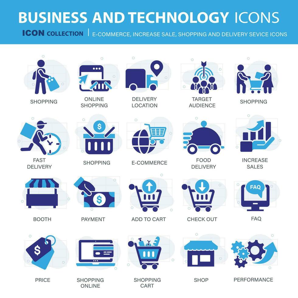 comercio electrónico, incrementar venta, en línea compras y digital finanzas icono recopilación. plano vector ilustración