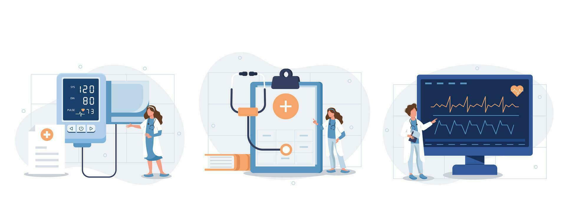 corazón enfermedad poner en pantalla y diagnóstico ilustración colocar. médico cheques sangre presión y examinar cardiograma y legumbres en ekg monitor. cuidado de la salud y medicina concepto. vector ilustración.