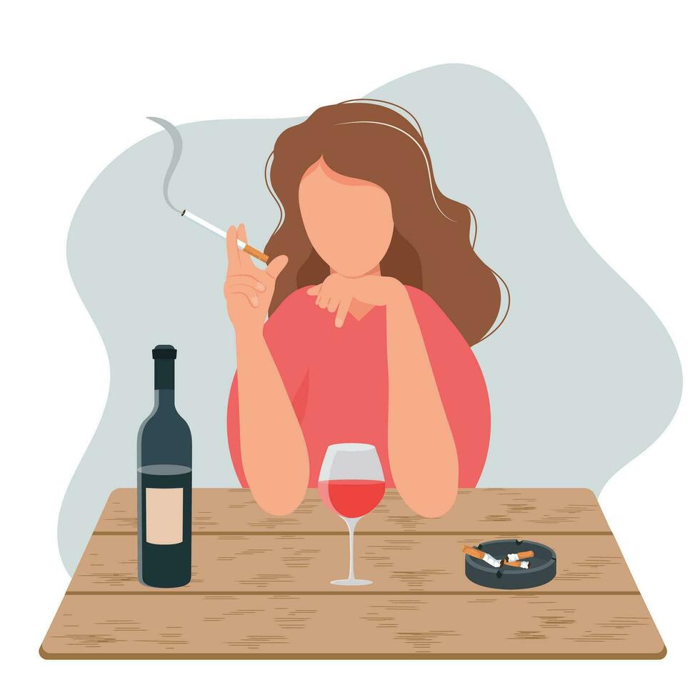 Sad girl is sitting at the table, smoking and drinking alcohol. Bottle of wine, dirty ashtray on the table. Depression, stress. Alcohol and nicotine addiction, harmful habit. Vector illustration