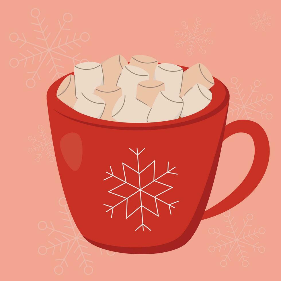 Vector hot chocolate with marshmallows in a red cup, cocoa with marshmallows, pink background with snowflakes