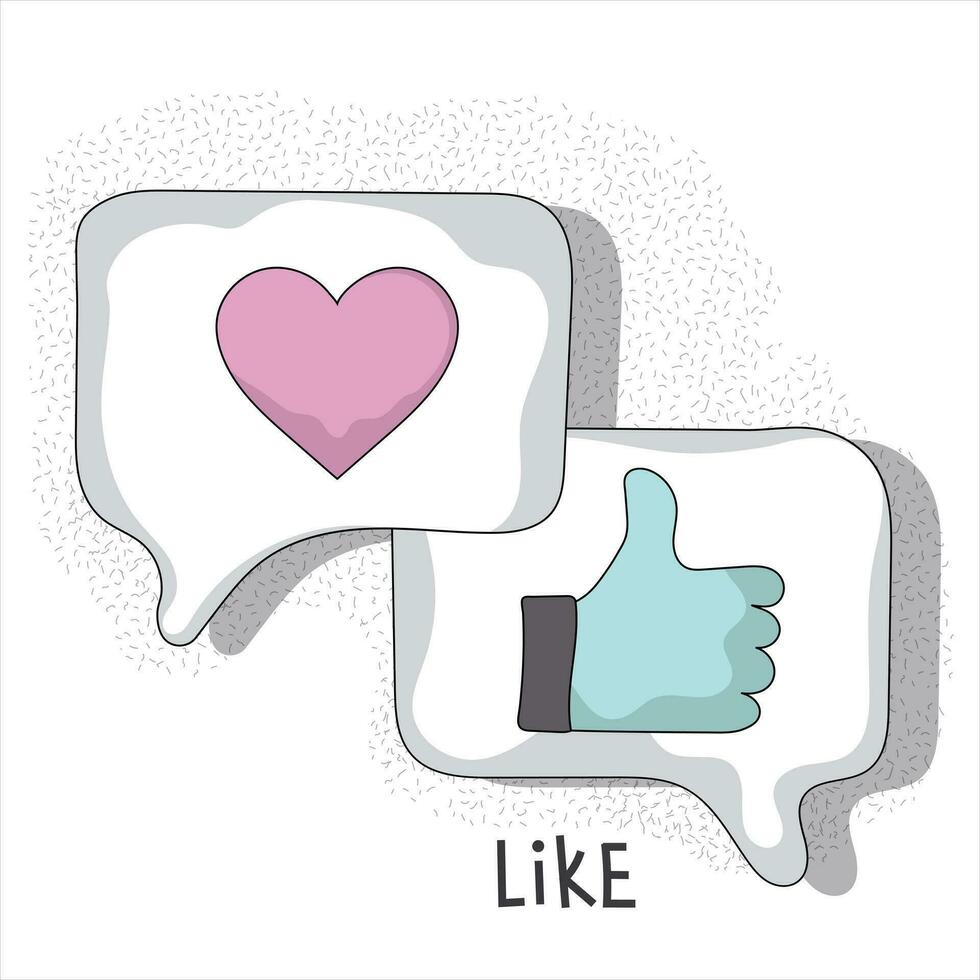 Thumbs up and heart icon in speech bubbles isolated on a white background. Icon for social media, empathetic like emoji reactions. Flat vector illustration