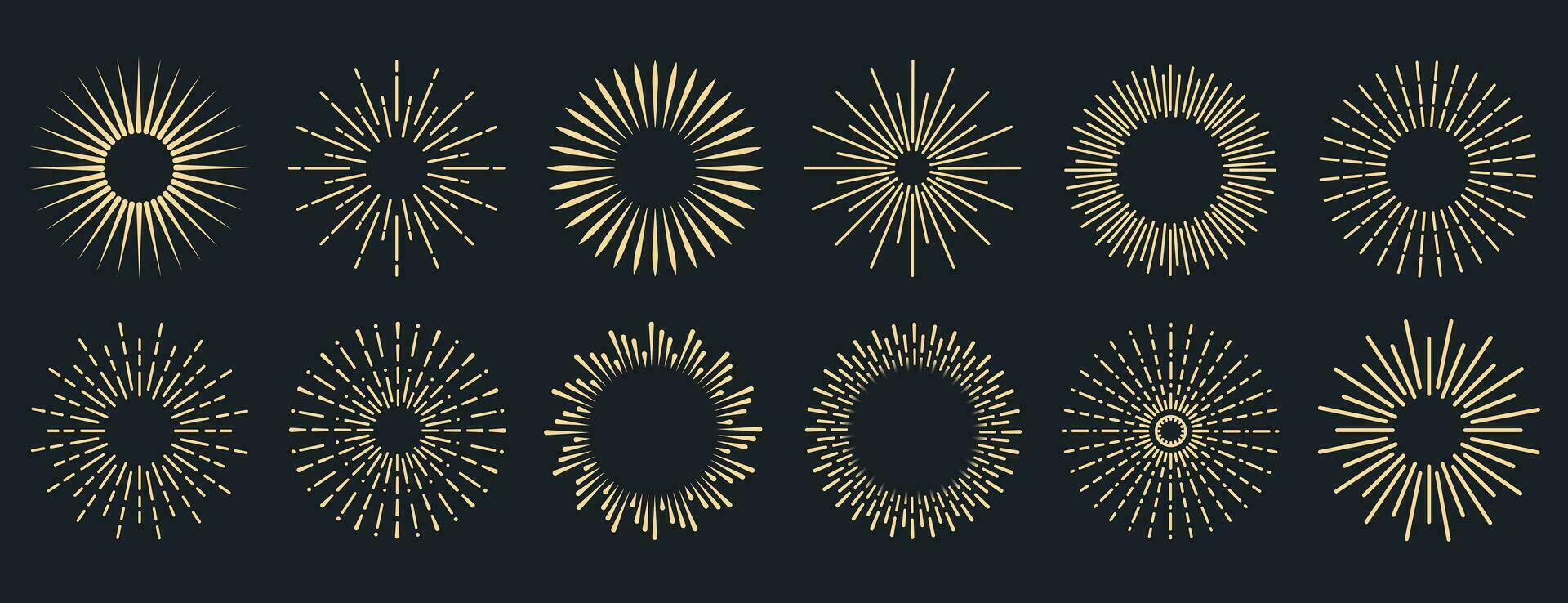 Sunburst collection. Radial sunset beams. Bursting golden sun rays. Fireworks. Logotype or lettering design element. Flat vector illustration.