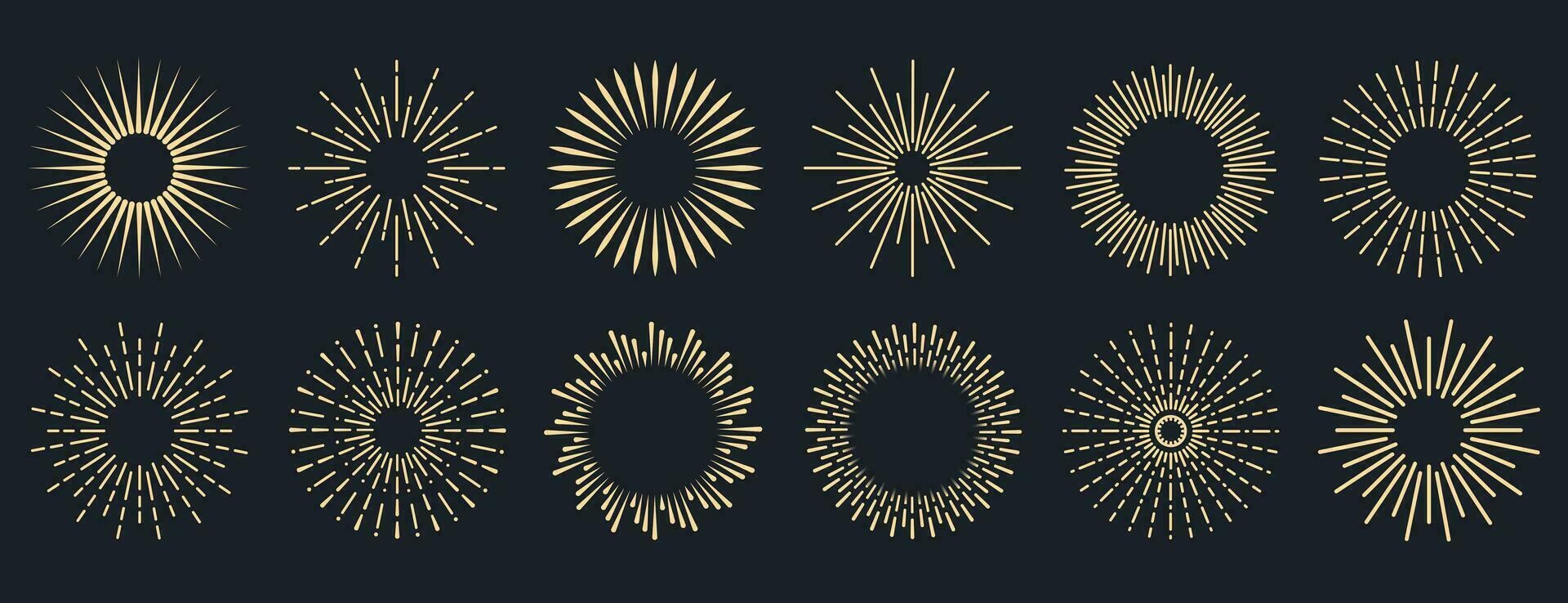 rayos de sol recopilación. radial puesta de sol vigas muy lleno dorado Dom rayos fuegos artificiales. logotipo o letras diseño elemento. plano vector ilustración.