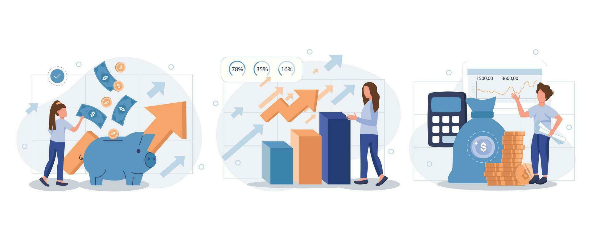 Cost optimization concept set. Idea of financial and marketing strategy. Cost and income balance. Spending and cost reduction, while maximizing business value. Isolated flat illustration vector