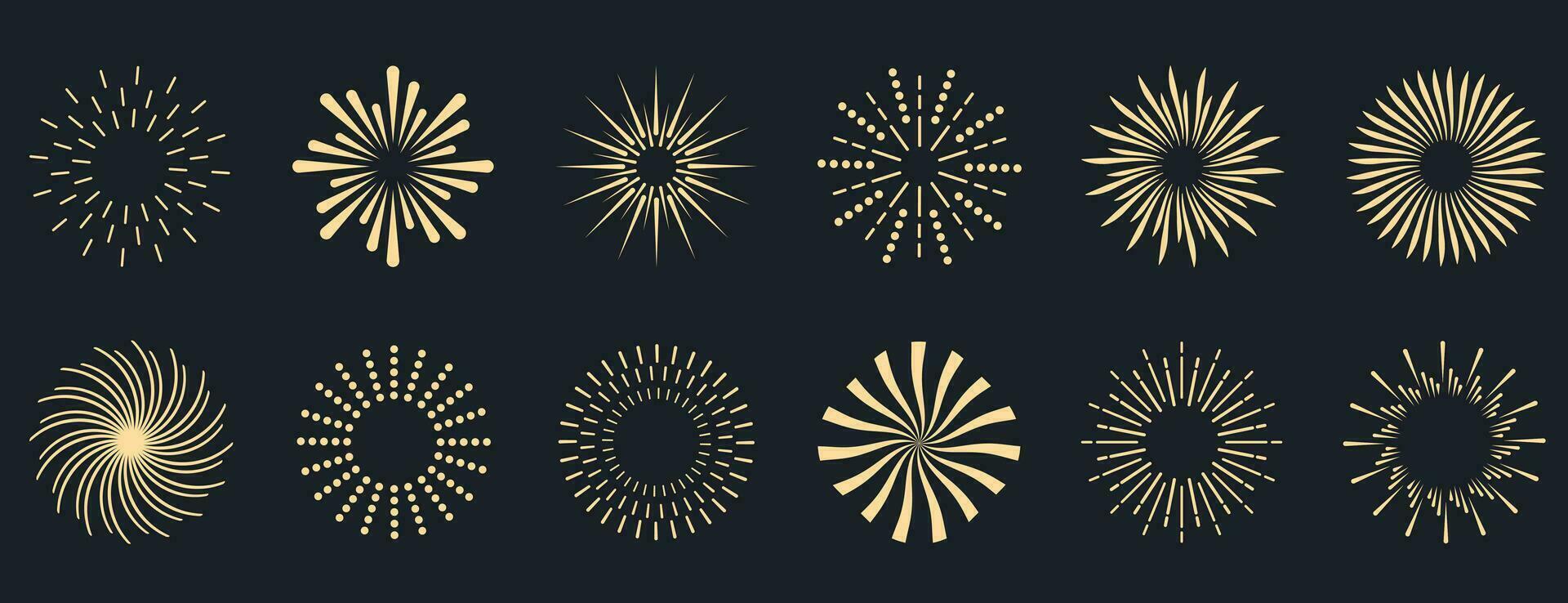 Sunburst collection. Radial sunset beams. Bursting golden sun rays. Fireworks. Logotype or lettering design element. Flat vector illustration.