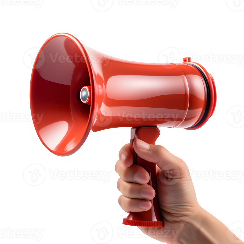AI generated hand holding red megaphone isolated on transparent background ,generative ai png