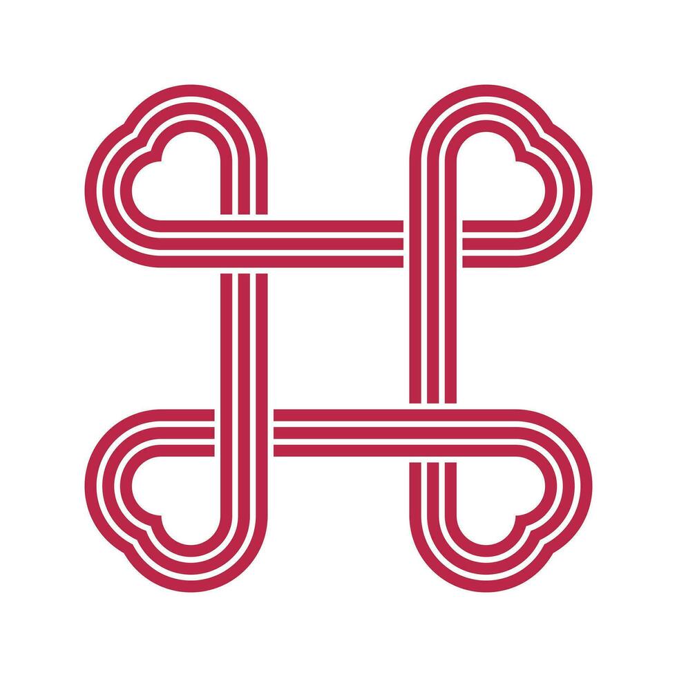 Heart shaped corner square icon connected. Line command symbol. Symmetrical infinity stripes. Logo design with 3 red lines, white background. Vector illustration.
