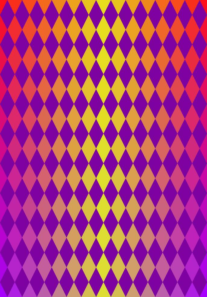 Seamless argyle pattern. Purple geometric diamond shape. Red, pink, yellow gradient background. Designs for print media, cover, banner, poster, web design, backdrop, wall. Vector illustration.