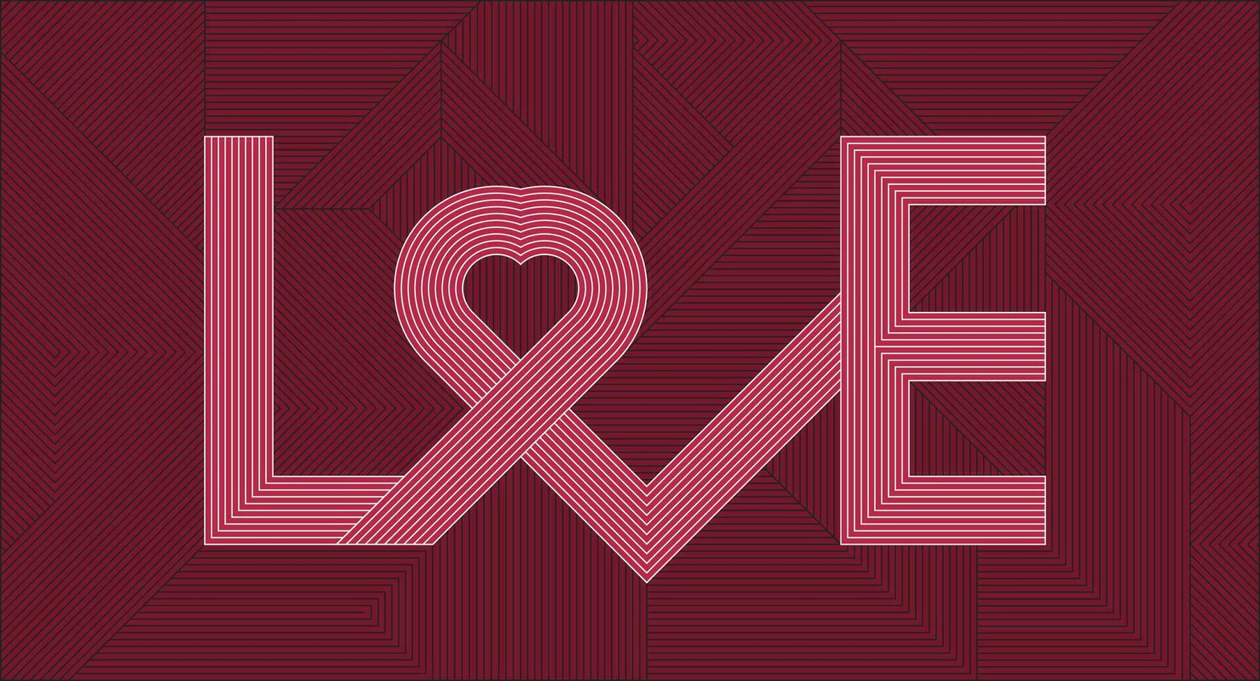 a rayas letras de el palabra amor en el forma de un corazón. geométrico línea patrón, rojo fondo, negro líneas. textura elemento diseño para bandera, tarjeta, póster, fondo, pared. vector ilustración.