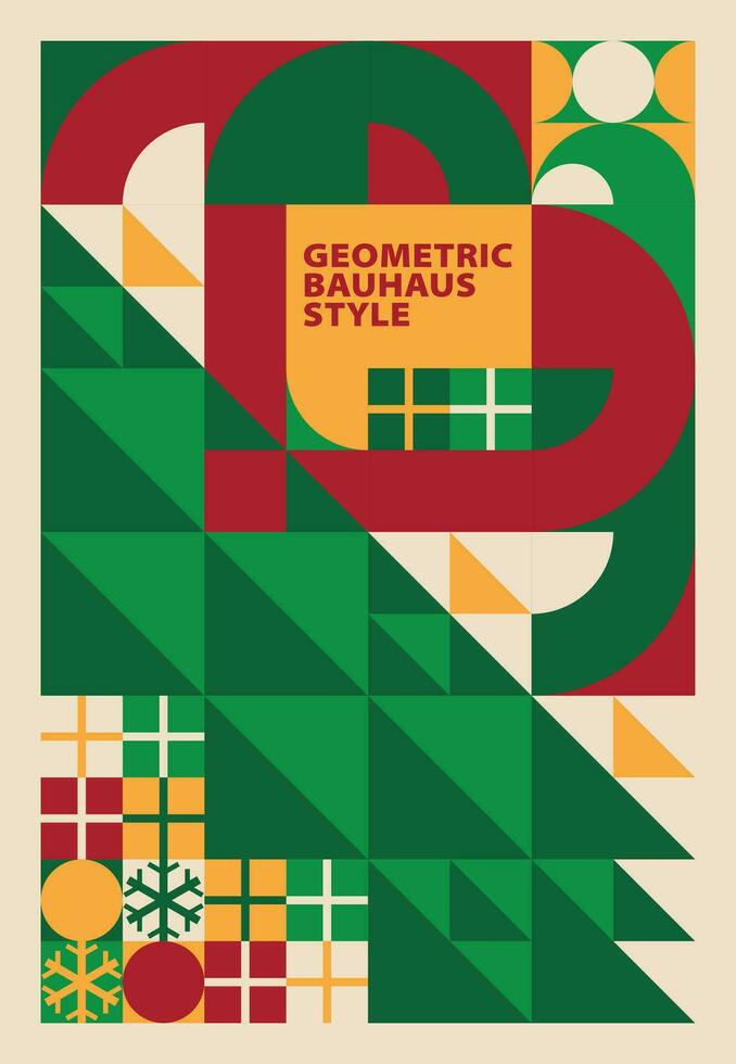 Bauhaus style christmas tree poster. Abstract geometric pattern in green, red and yellow. Background design for card, cover, banner, backdrop, flyer, brochure, wallpaper, wall. Vector illustration.