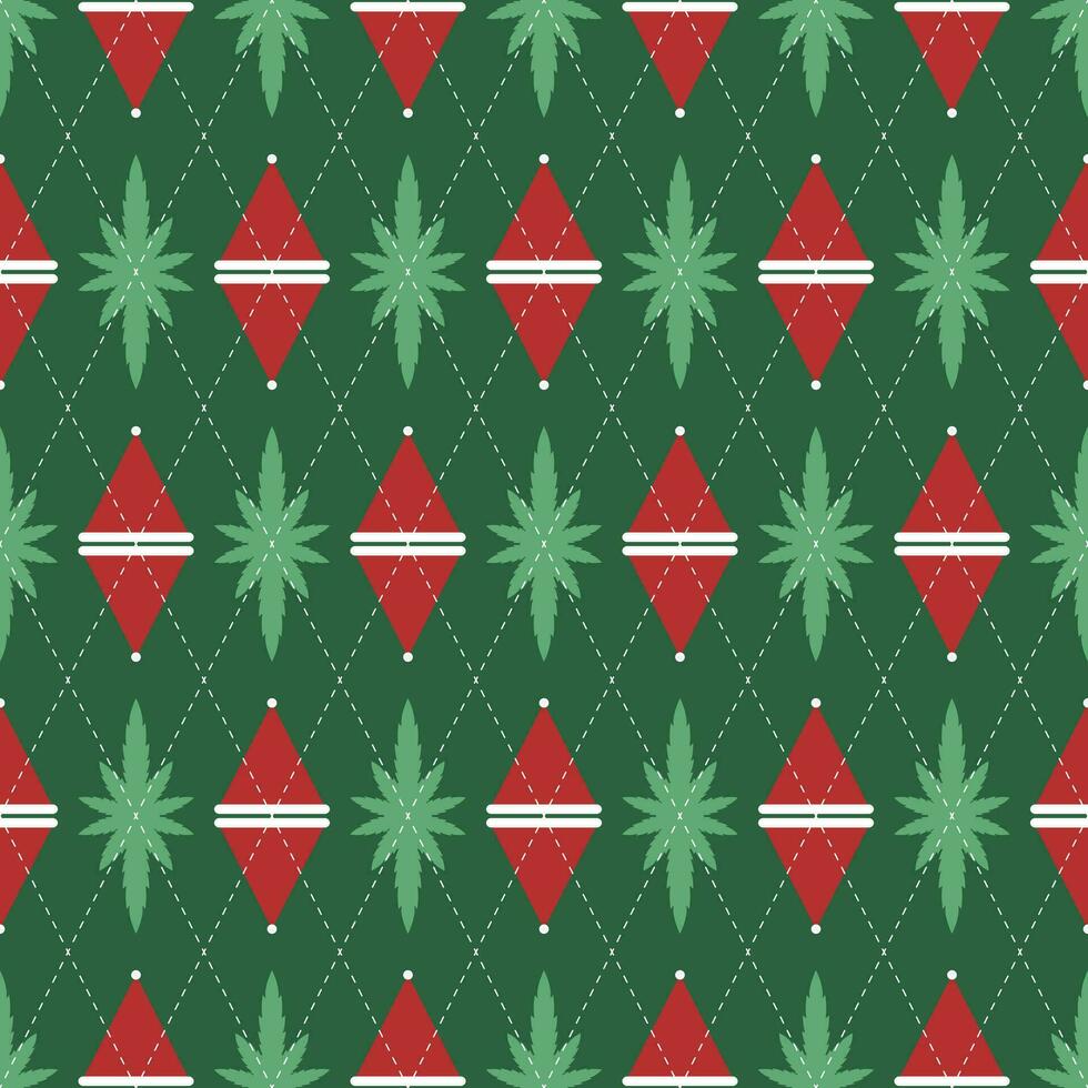 resumen antecedentes sin costura rojo y verde diamante forma. argyle estilo tela modelo Navidad sombrero y marijuana hojas. textura diseño para textiles, ropa, carteles, paredes vector ilustración.