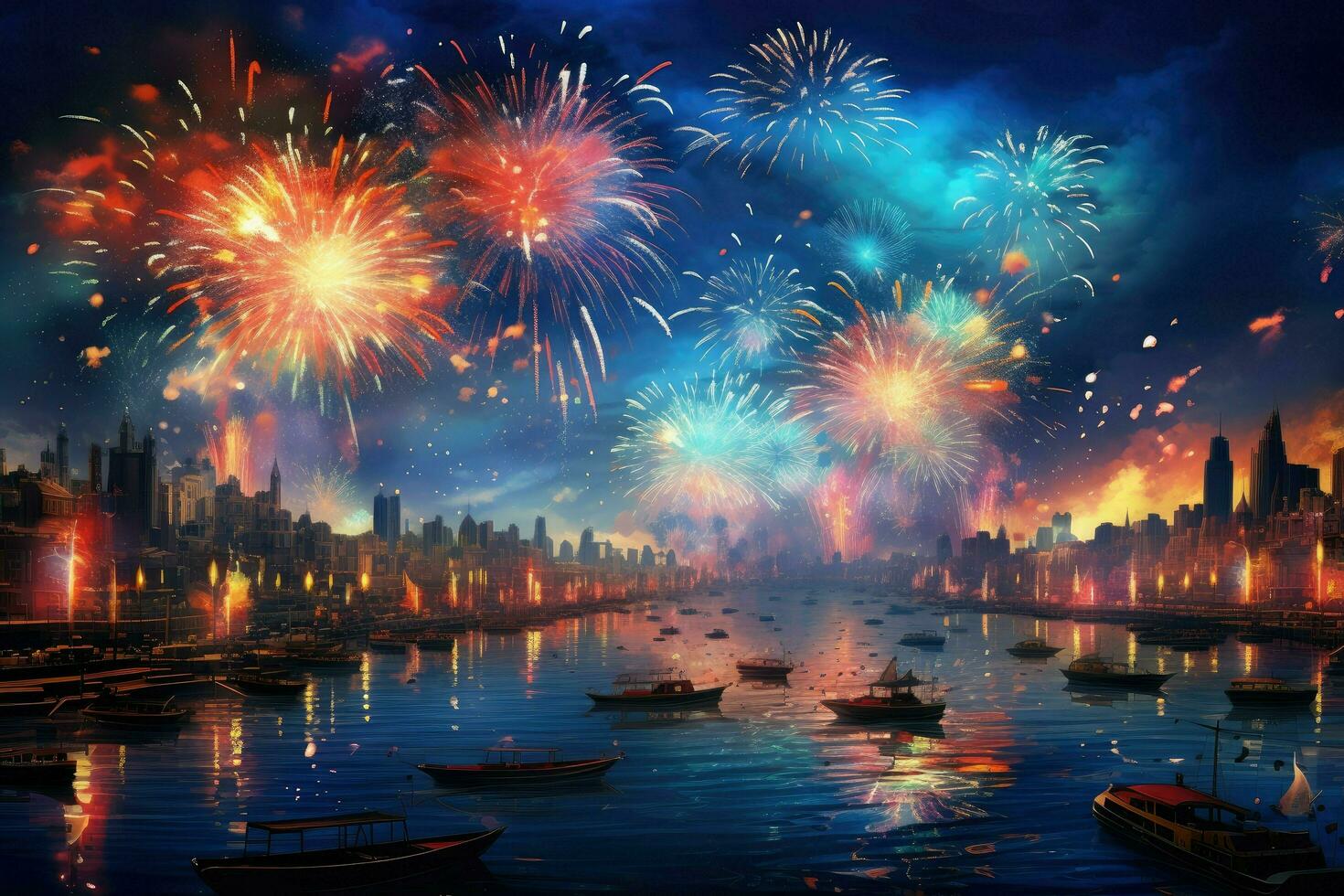 AI generated Spectacular fireworks display over beautiful river, fireworks over night river sky, holiday background, bright colorful lights Ai generated photo