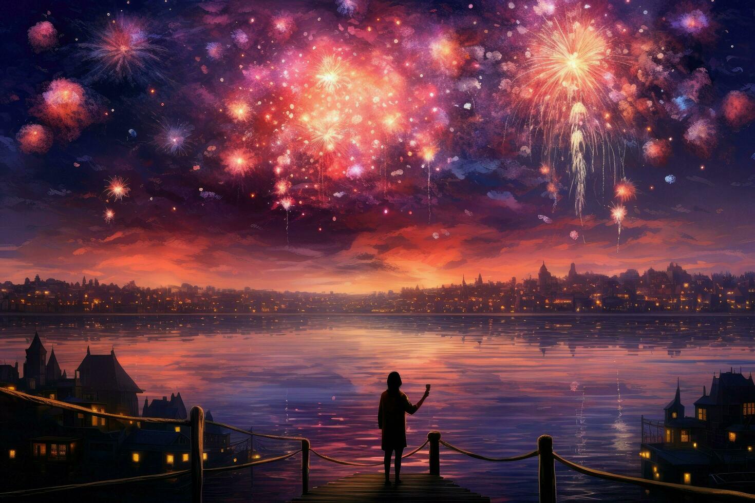 AI generated Spectacular fireworks display over beautiful river, fireworks over night river sky, holiday background, bright colorful lights Ai generated photo