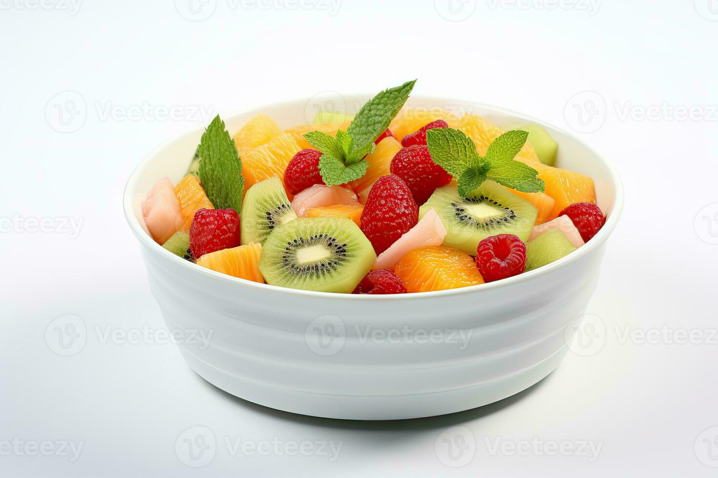 ai generado mezclado Fruta en blanco plato foto