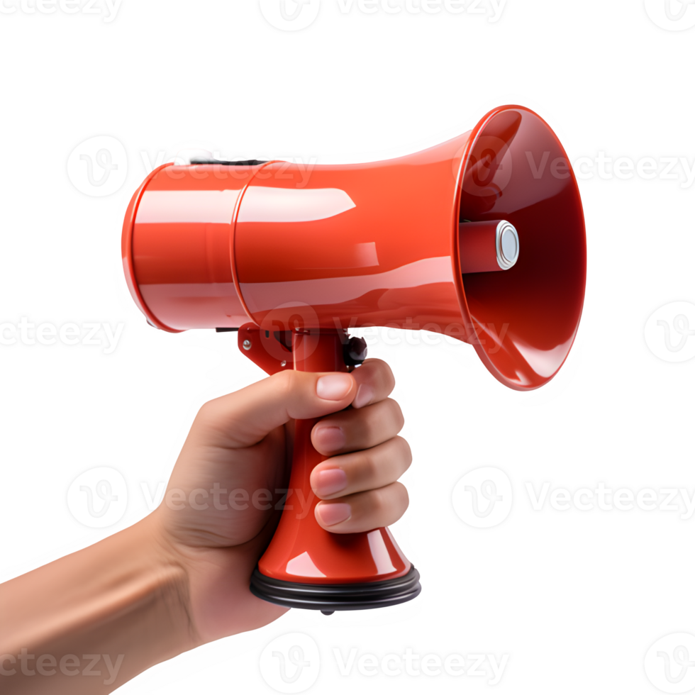 AI generated hand holding red megaphone isolated on transparent background ,generative ai png