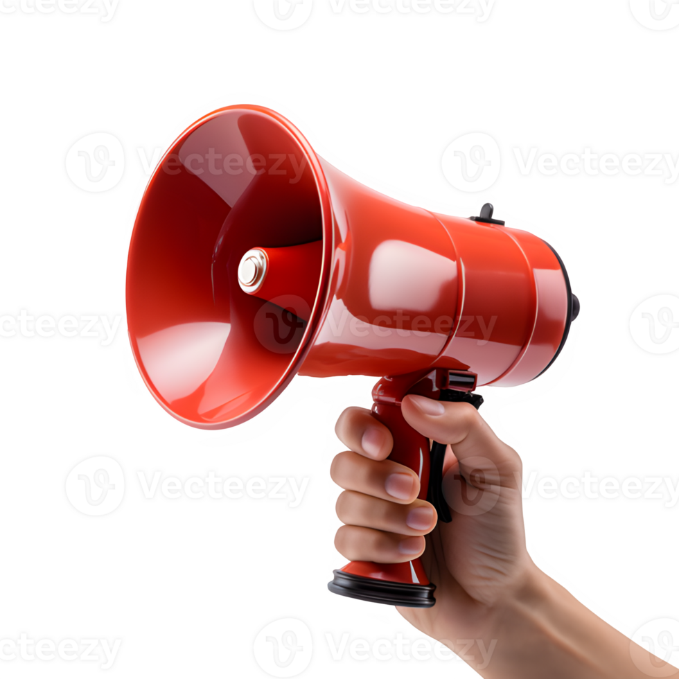 AI generated hand holding red megaphone isolated on transparent background ,generative ai png