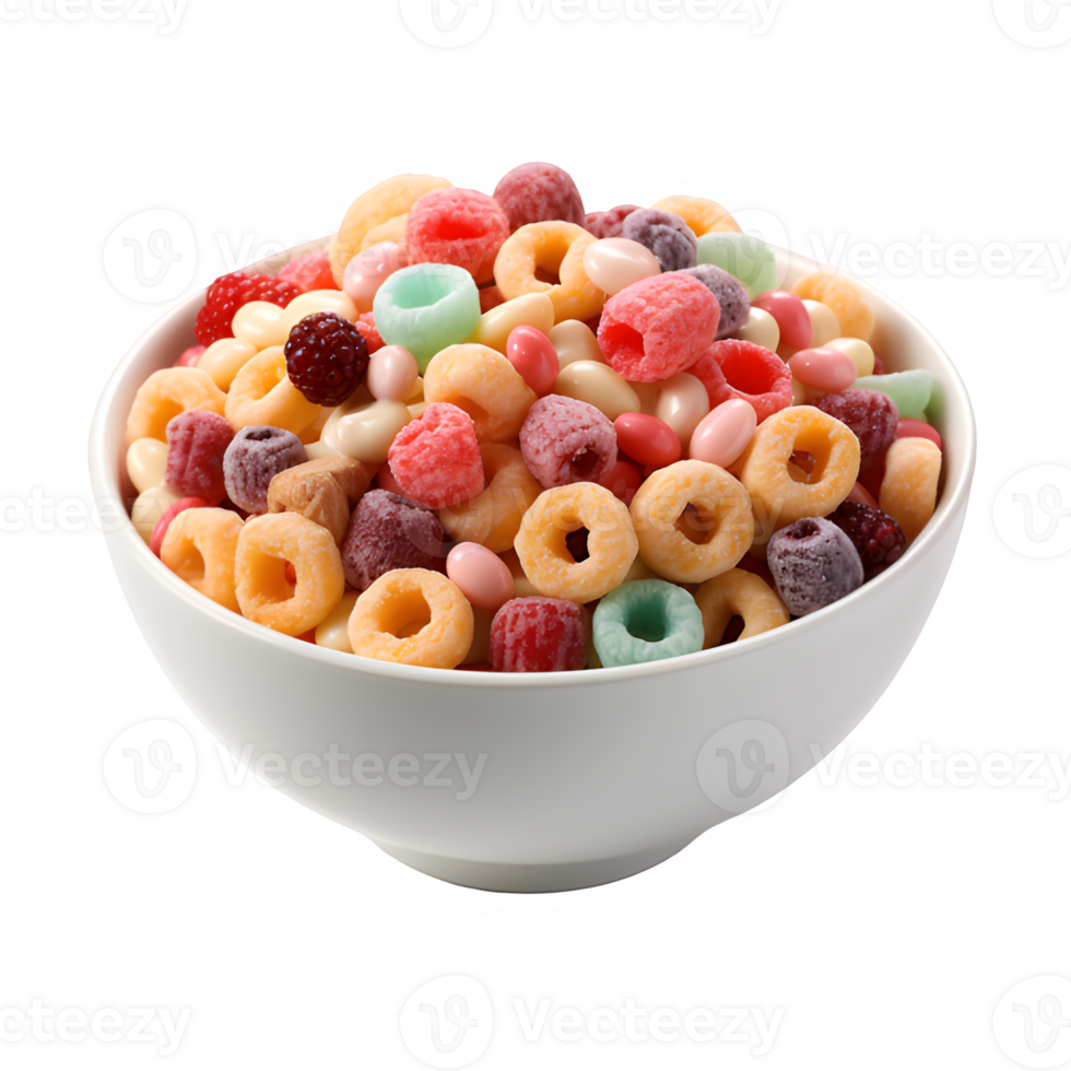 AI generated colorful round cereal in a white bowl isolated on transparent background ,generative ai png