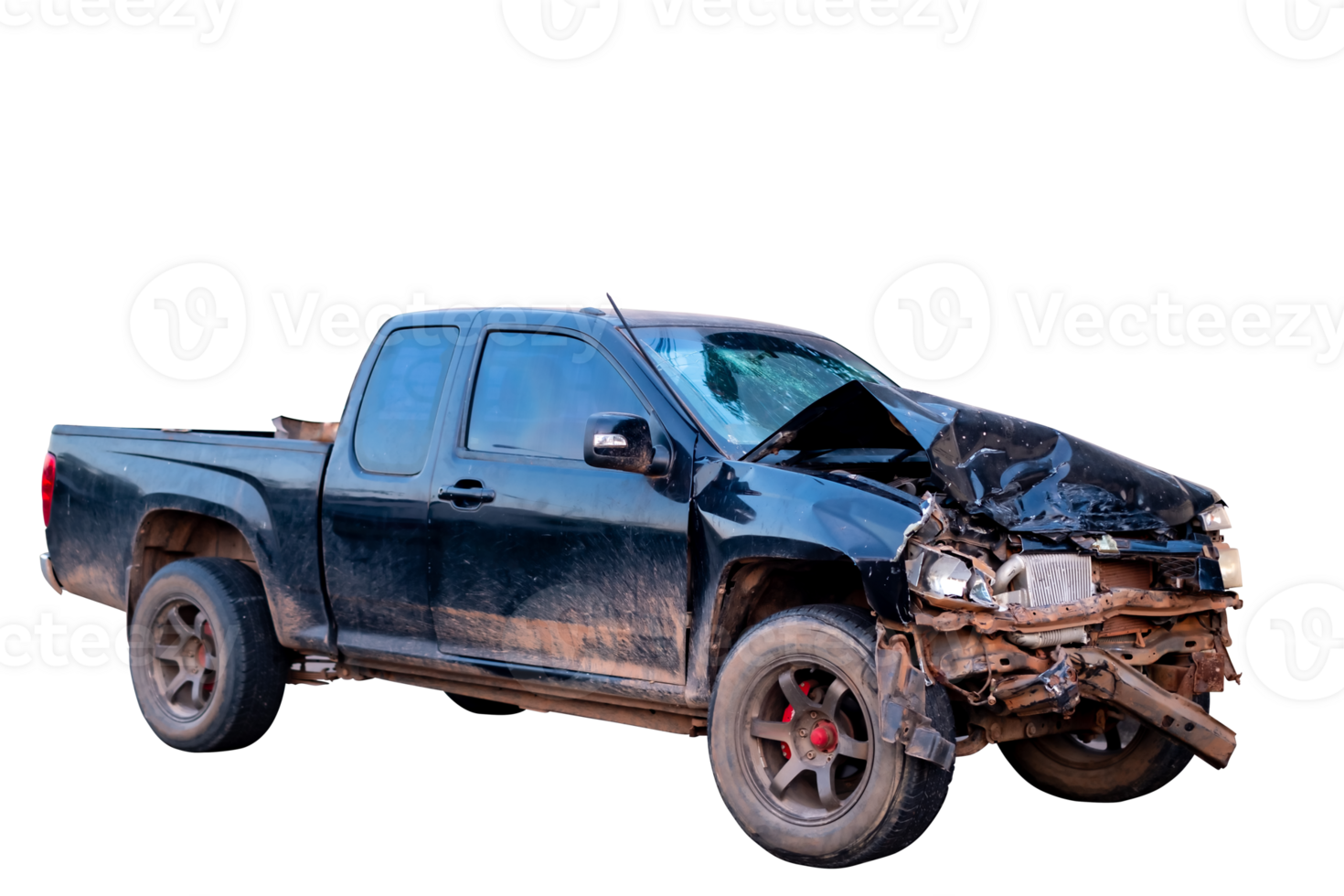 Front and side view of black pickup truck car get damaged by accident on the road. damaged cars after collision. isolated on transparent background, PNG File