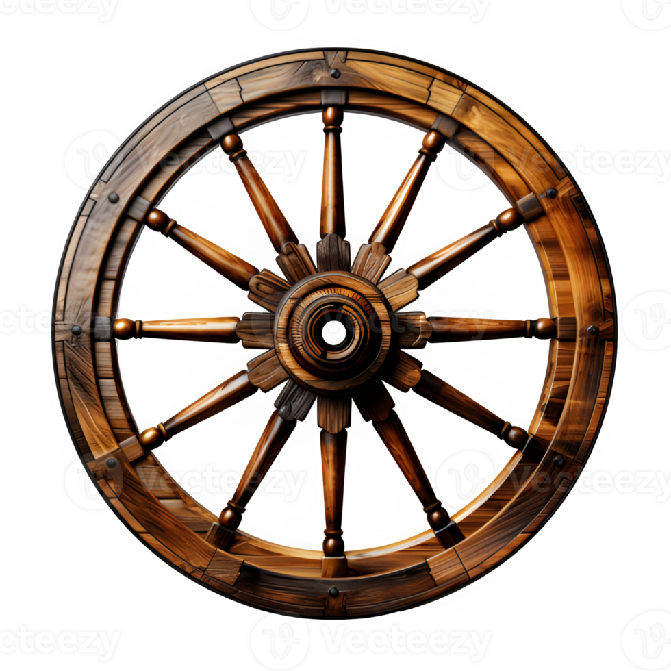 AI generated antique old wooden wheel isolated on transparent background ,round wheel png ,generative ai