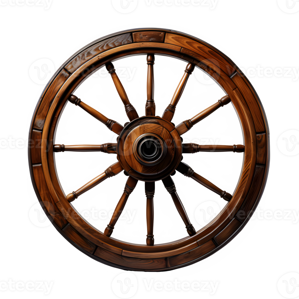 AI generated antique old wooden wheel isolated on transparent background ,round wheel png ,generative ai