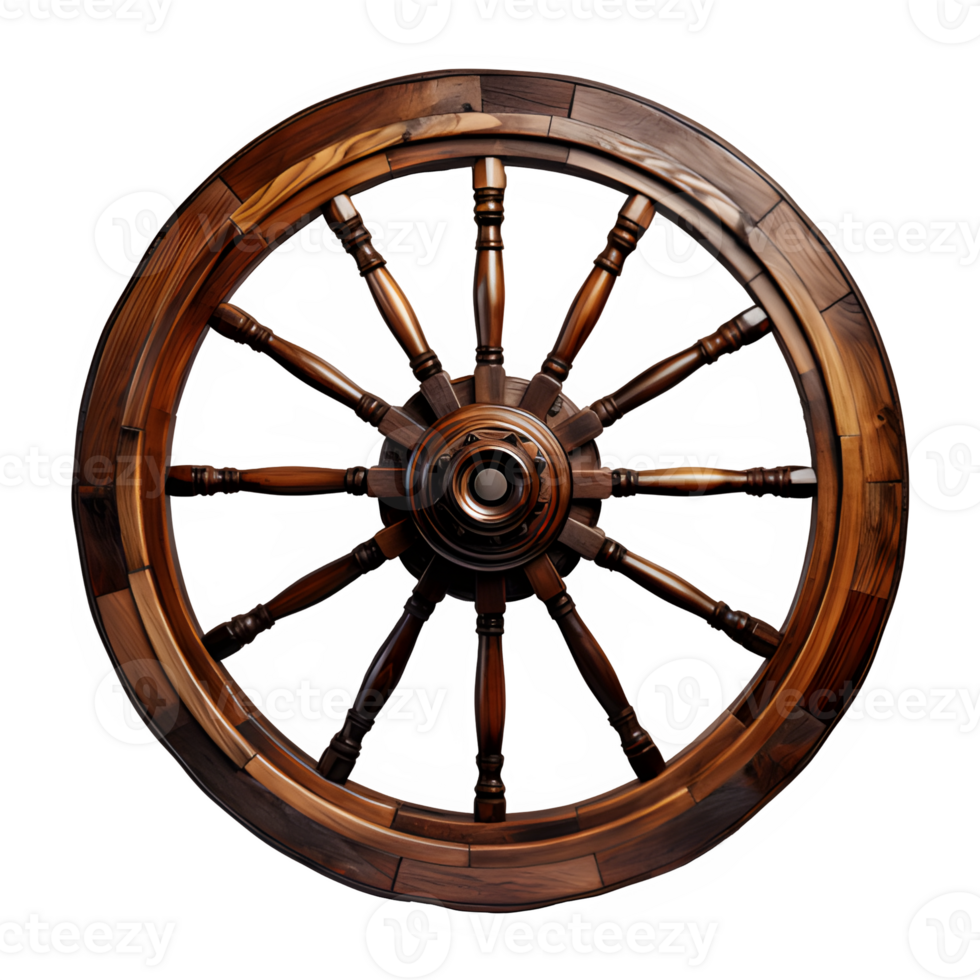 AI generated antique old wooden wheel isolated on transparent background ,round wheel png ,generative ai