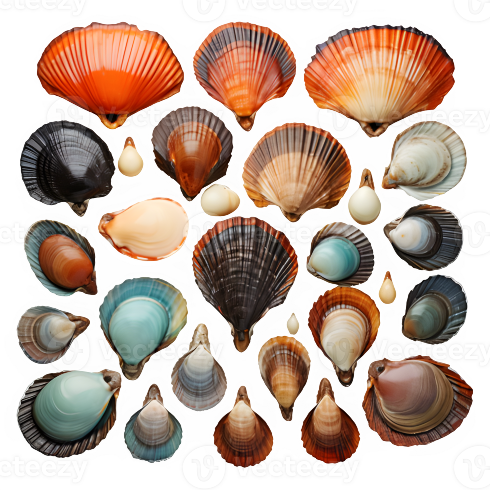 AI generated collection of seashells isolated on transparent background ,top view ,generative ai png