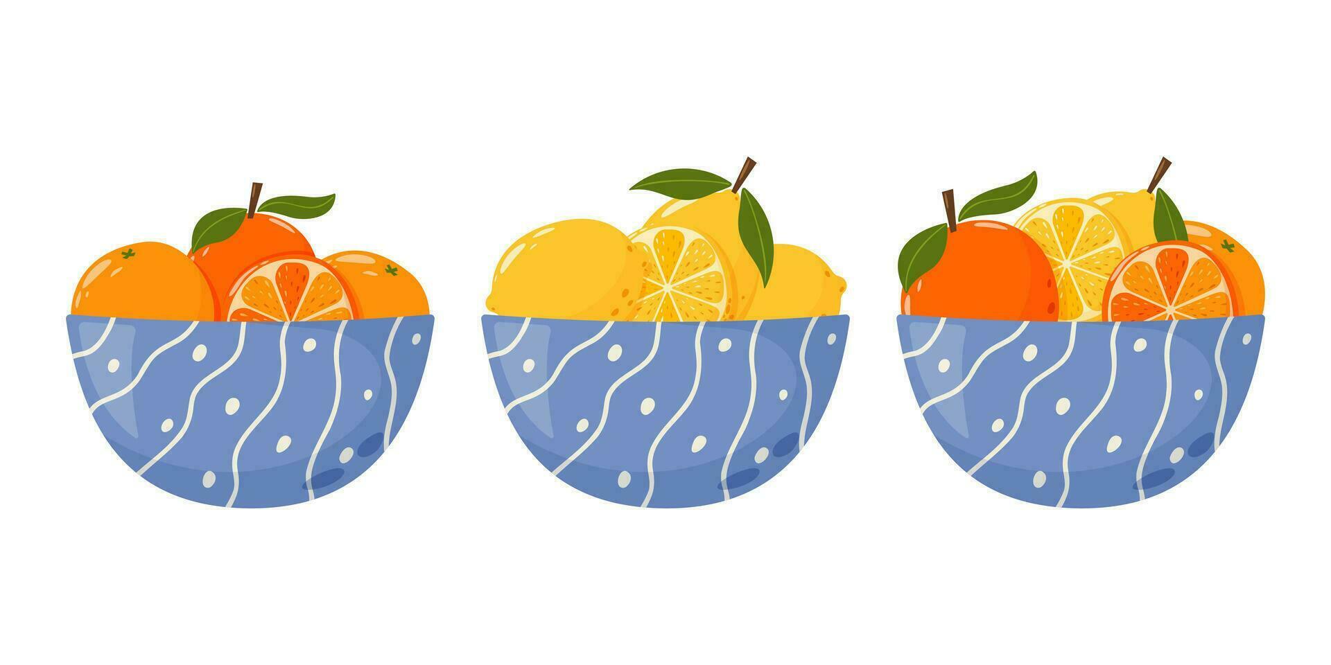 conjunto de profundo bochas con naranja y limón. sano agrios frutas, todo y rebanadas vector ilustración en dibujos animados plano estilo.