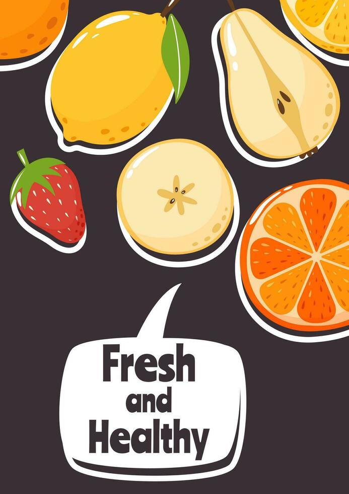 resumen Fruta póster con texto Fresco y sano en oscuro antecedentes. verano vitamina frutas vector ilustración para bandera, volantes, menú, Fruta tienda