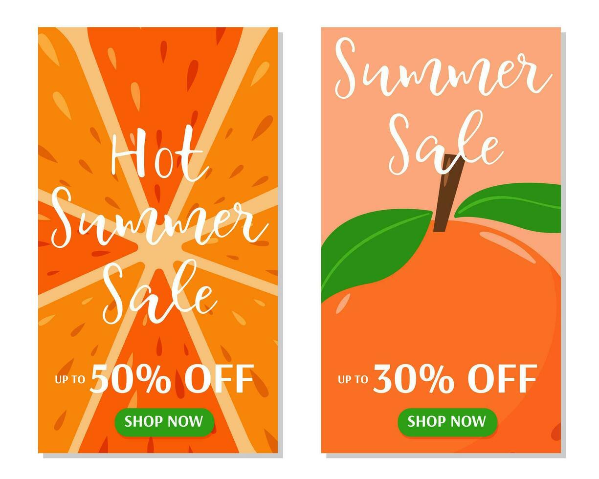 caliente verano rebaja volantes con naranja antecedentes. conjunto de vector tarjetas con frutas y descuento. para bandera, póster, volantes, social medios de comunicación, cuentos. dibujos animados plano estilo.