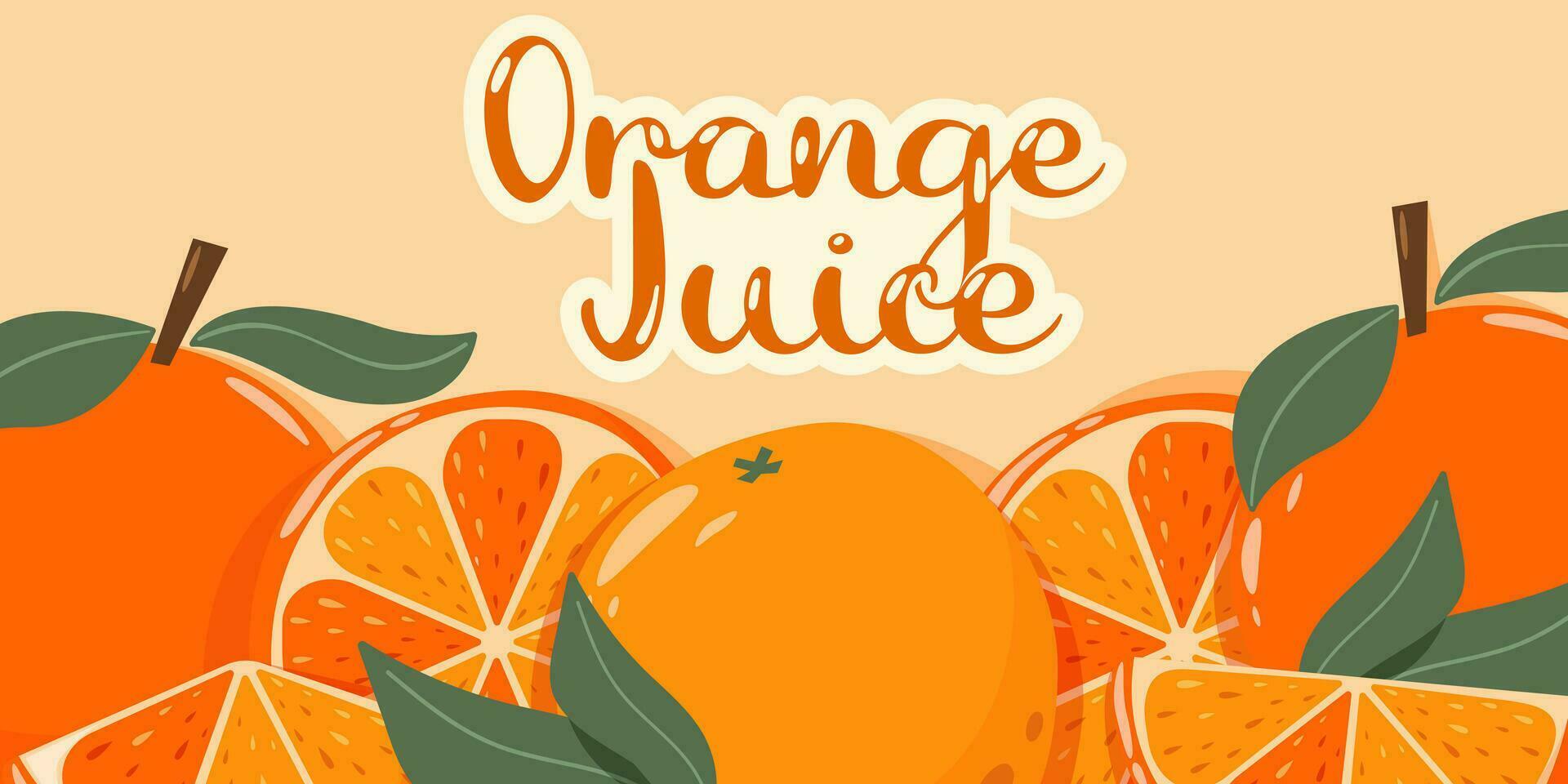 Summer orange background with text orange juice. Slices and whole fruits. Vitamin C, healthy food concept. Cartoon vector illustration for banner, poster, flyer, card