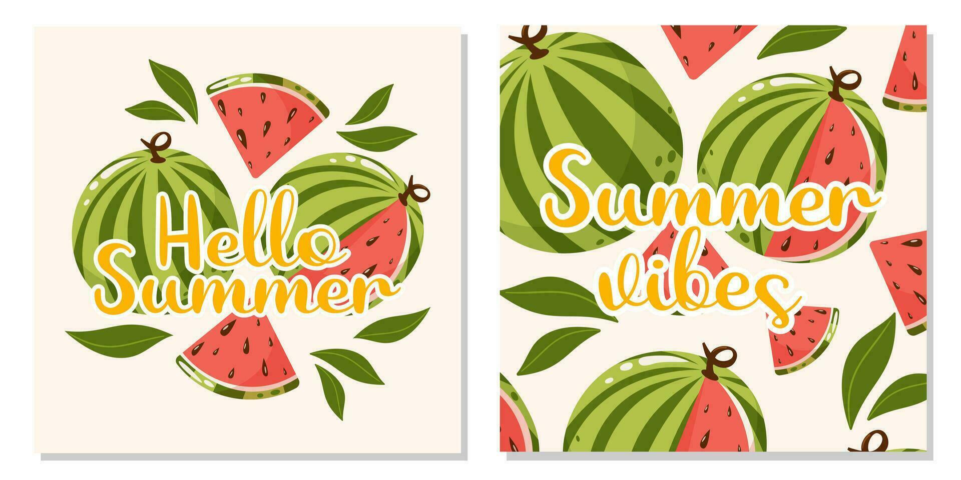 Set of fruit cards with text hello summer and summer vibes. Watermelon composition and background with leaves. Vector square illustration for banner, poster, flyer, social media