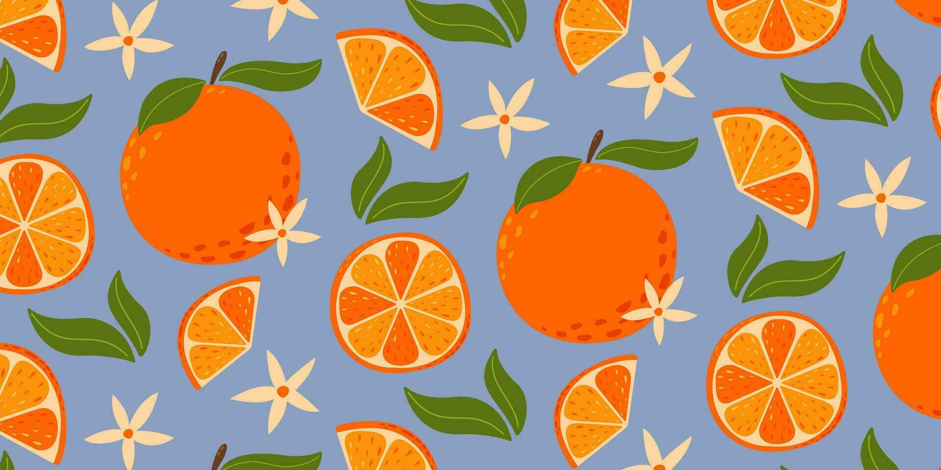 Oranges and flowers background . Summer fruit vector illustration in cartoon flat style on isolated background. For paper, cover, fabric, gift wrapping