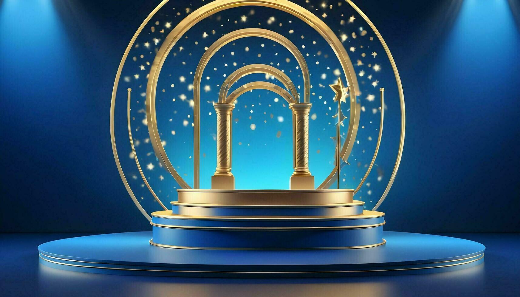 AI generated Empty podium golden on blue background with light neon effects with bokeh decorations. Luxury scene design concept. Vector illustrations. photo