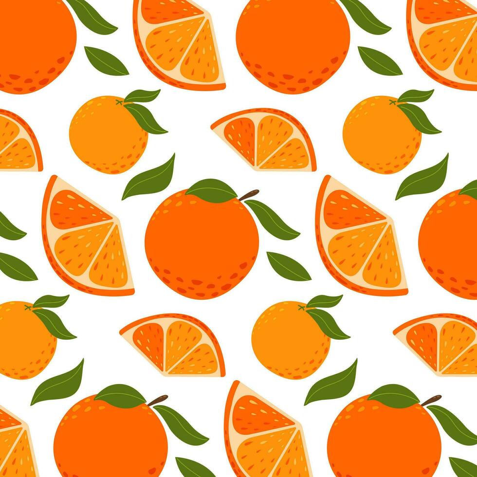 Orange fruit with whole and sliced fruits background. Summer vitamin background, vector illustration for paper, cover, fabric, gift wrap