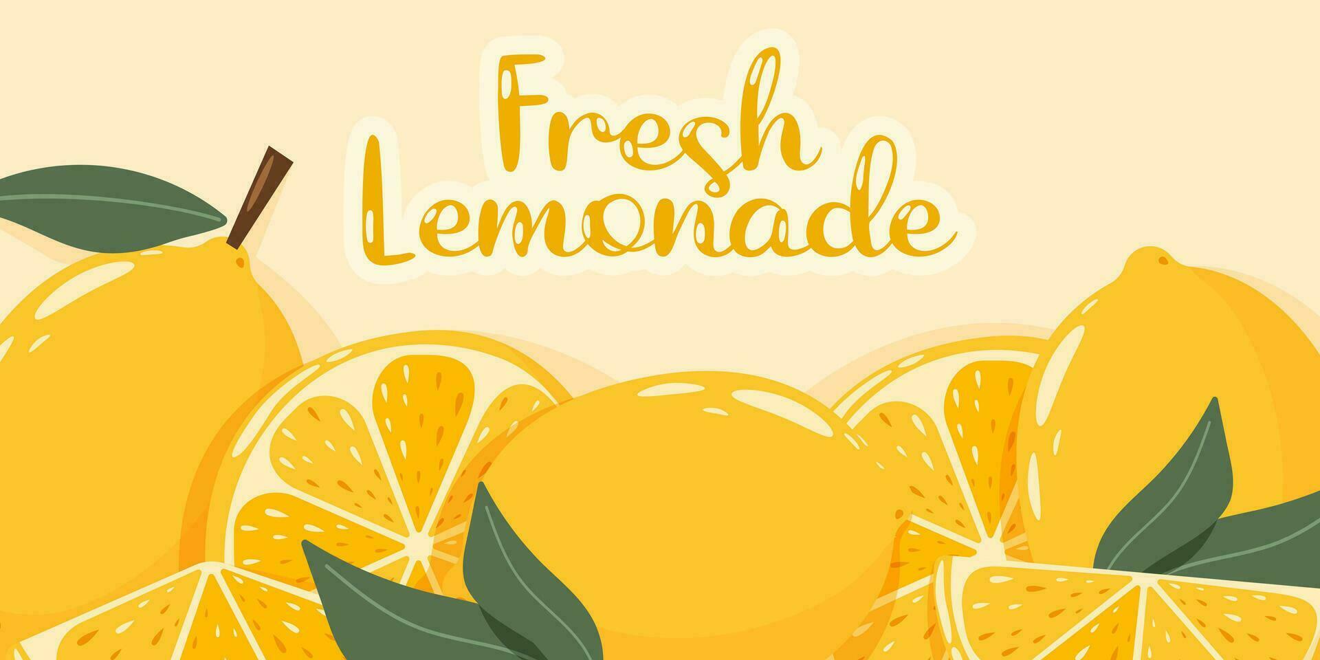 Summer lemon background with text fresh lemonade. Slices and whole fruits. Vitamin C, healthy food and drink concept. Cartoon vector illustration for banner, poster, flyer, card